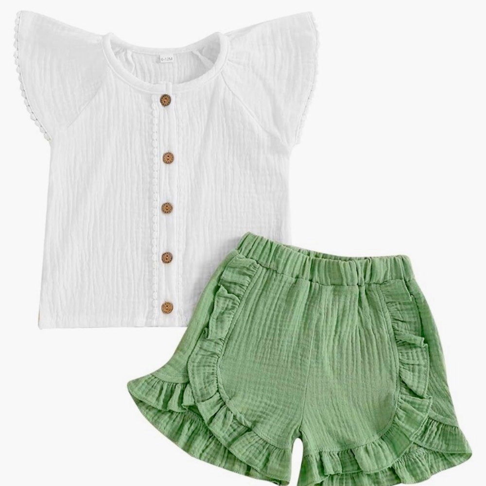 White Button-Up Top and Green Ruffle Shorts Set